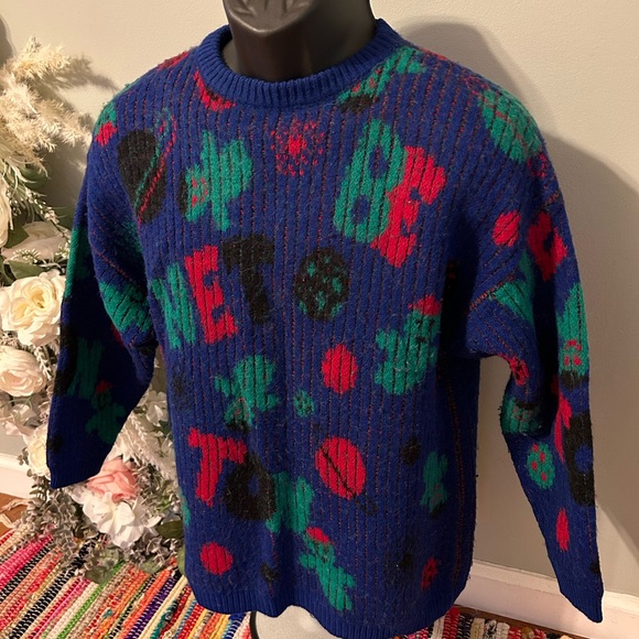 80s Benetton Ski Sweater Spellout Space Planets Ghosts Winter Medium Vintage - Picture 2 of 7
